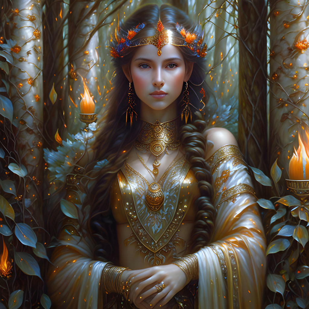 Regal woman with braided hair in enchanted forest with lanterns