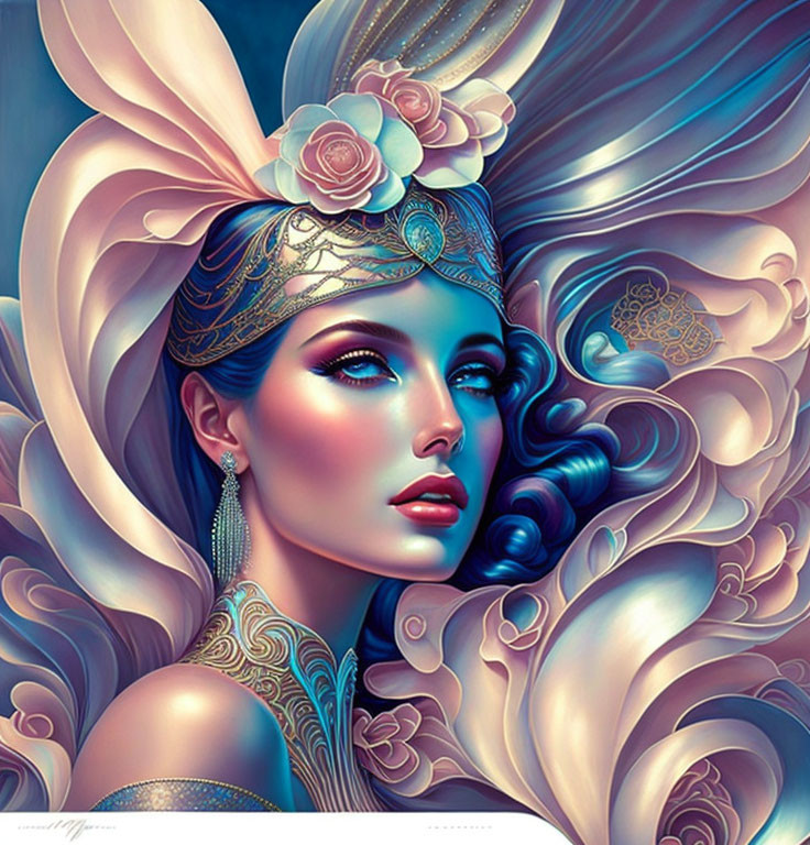 Vibrant illustration of woman with flowing hair, headdress, and blue eyes