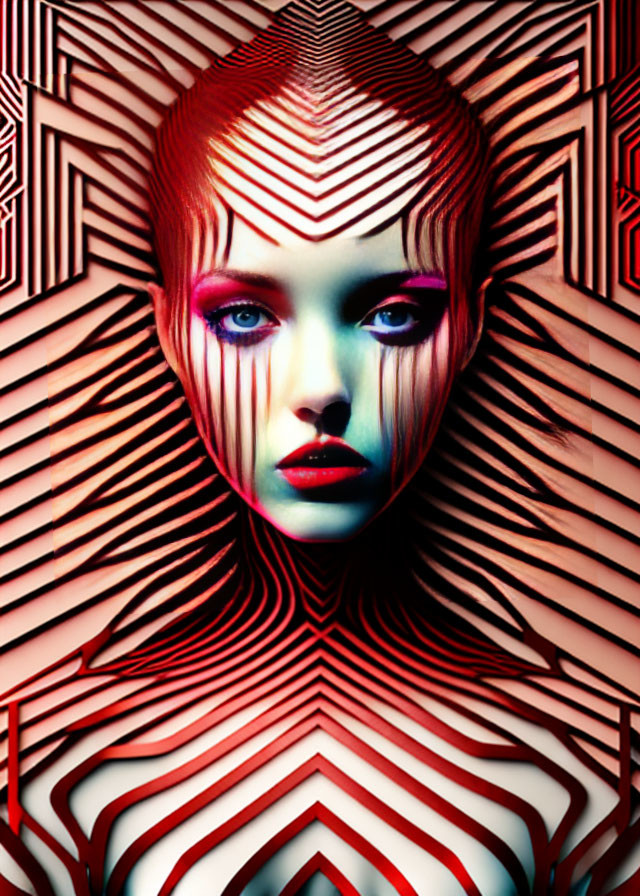 Surreal portrait of woman with striking makeup against patterned background