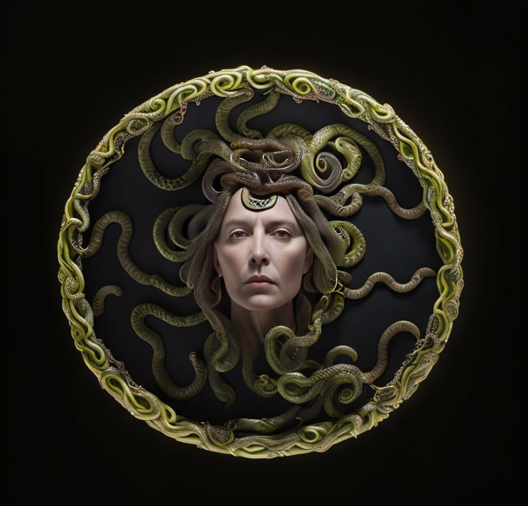 Circular frame of green snakes around a person's head on black background