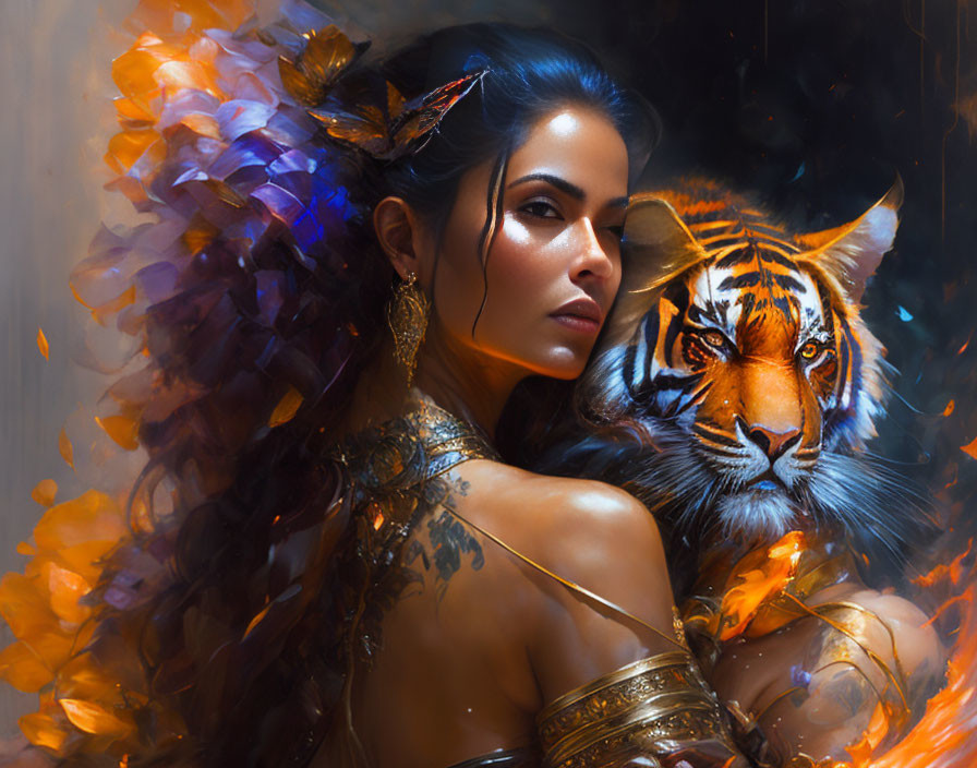 Woman and tiger in ember-like setting - fierce and mystical vibe