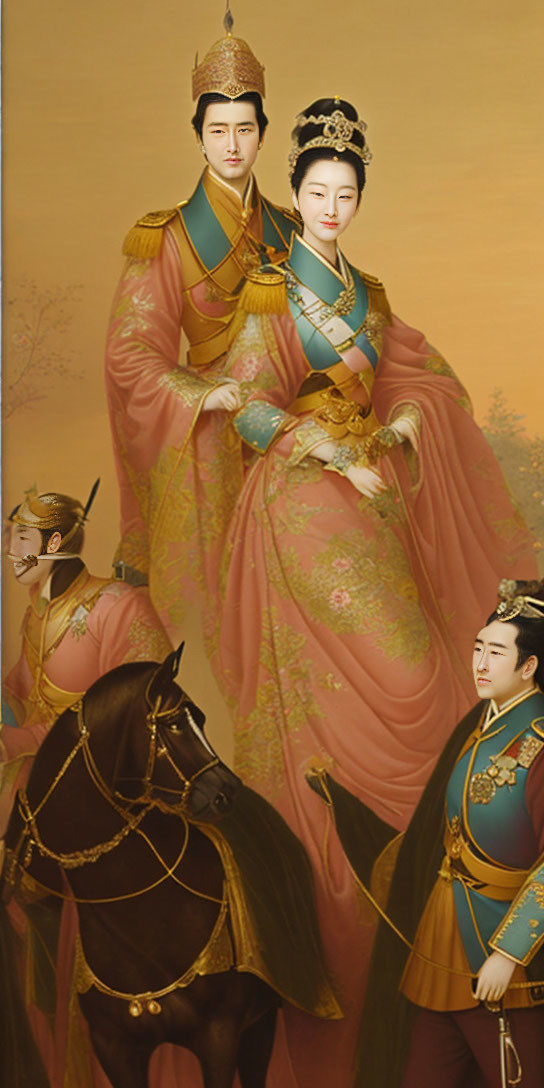 Traditional East Asian-style painting of royal couple with attendants in vibrant historical attire