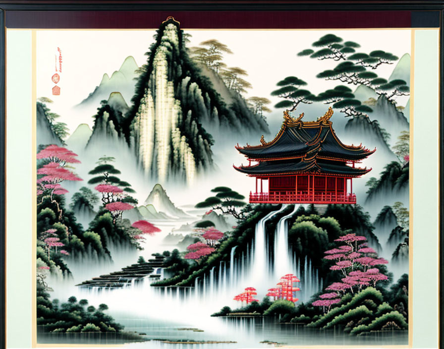 East Asian painting of majestic waterfall, pagoda, trees, and misty mountains.