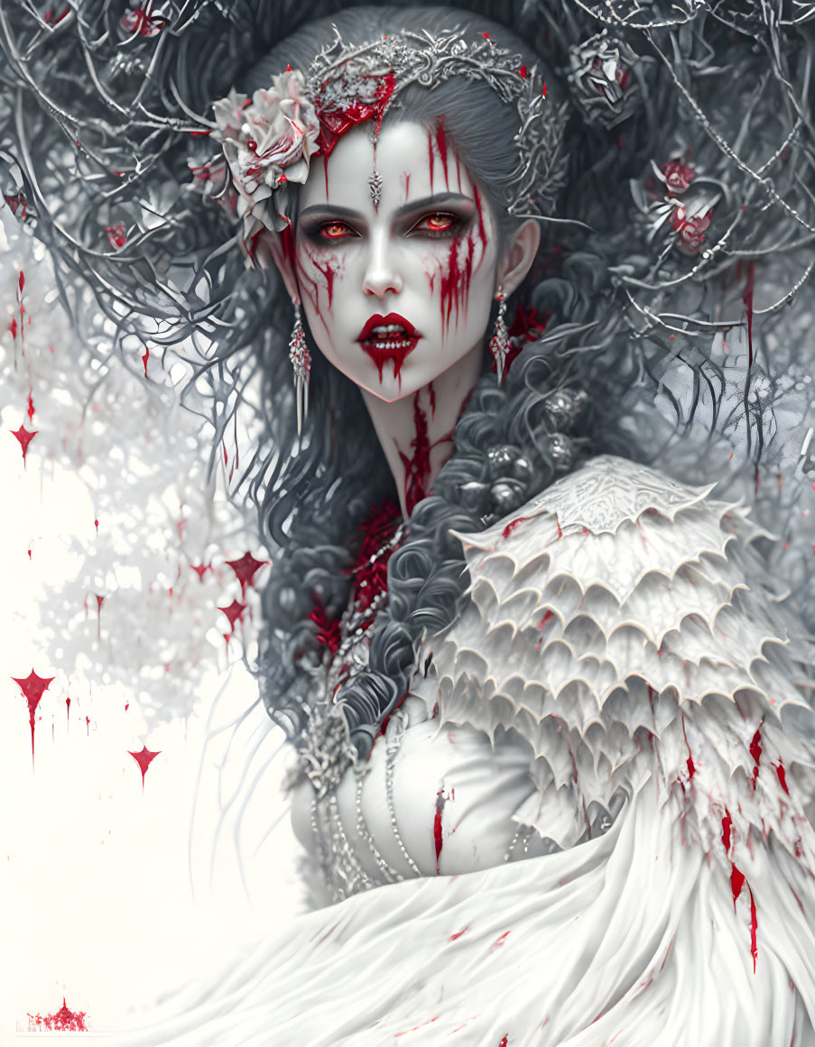 Pale figure with crimson splatters, dark crown, snowy branches, delicate feathers.