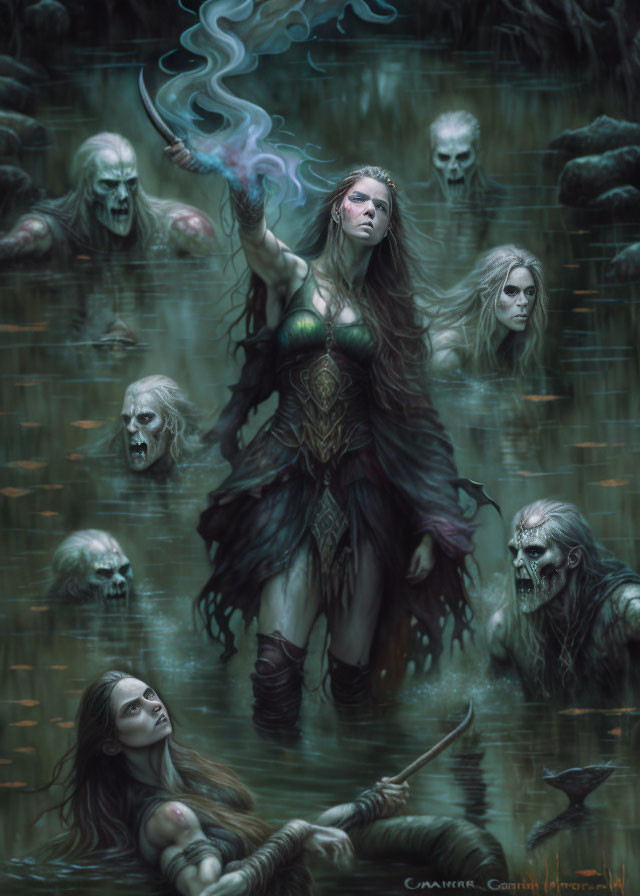 Mystical female figure with face paint in dark swamp with skulls & ghostly figures