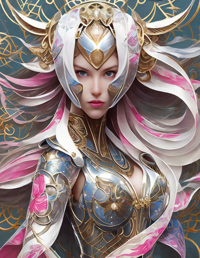 Fantasy character illustration with golden armor, pink ribbons, white & gold helmet