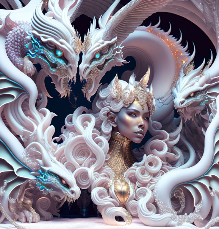 Elaborate Crowned Woman Surrounded by White Dragons in Mystical Setting