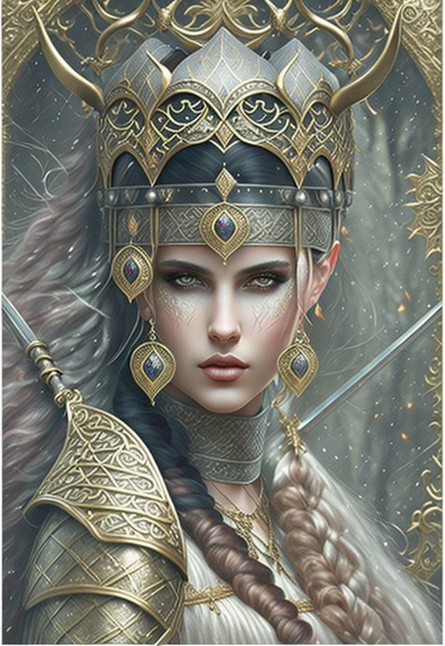 Fantasy warrior woman in silver armor with horned helmet and braided hair.