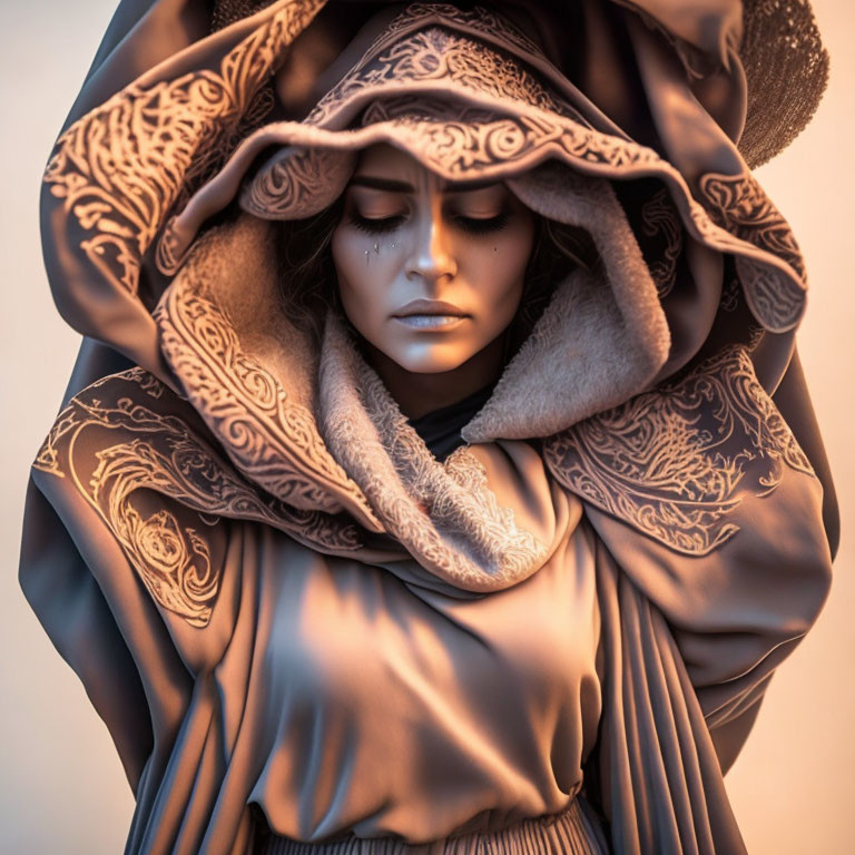 Contemplative figure in richly patterned hood and cloak, warm colors and detailed textures.