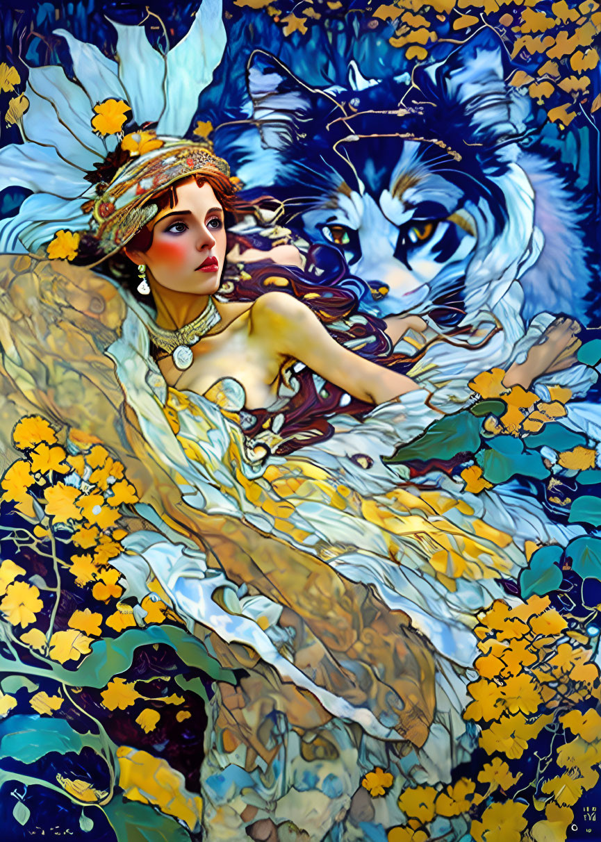 Illustration of woman with flowers, blue wolf, and golden flowers on blue background