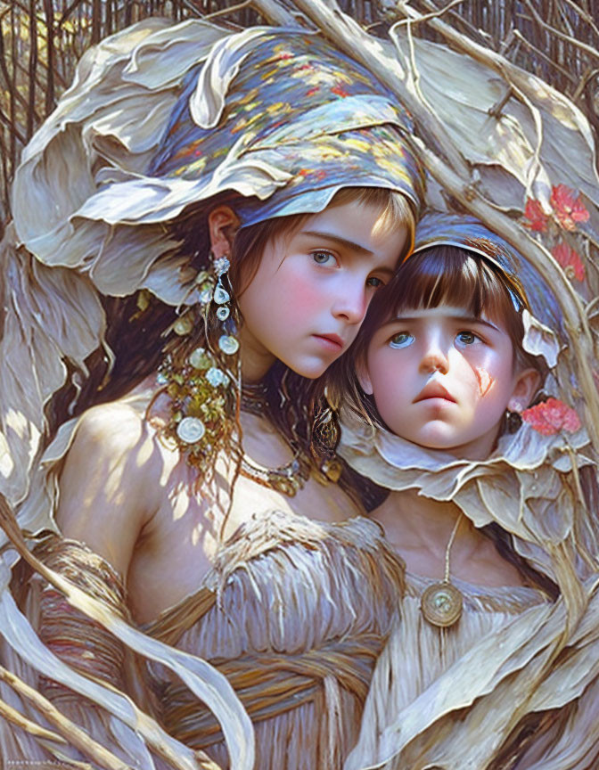 Two girls in white feather outfits with blue eyes and flowers in a close gaze