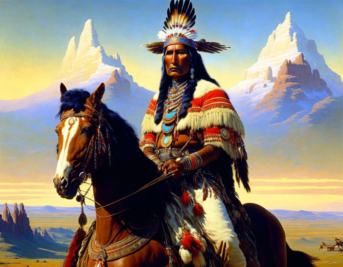 Native American Chief on Horseback with Mountain Background