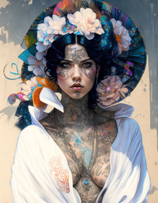 Portrait of woman with dark hair, floral headdress, bird, and tattoos