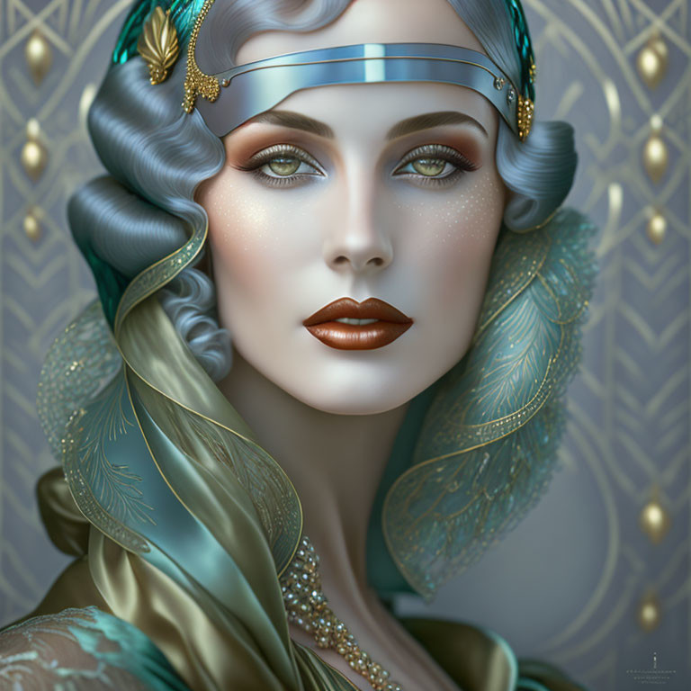 Digital artwork of woman with wavy hair, feathers, headband, serene expression, and patterned