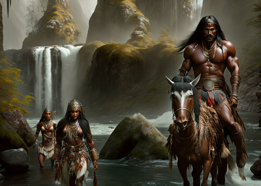 Digital artwork featuring three Native American figures and a horse near a waterfall in a misty forest.