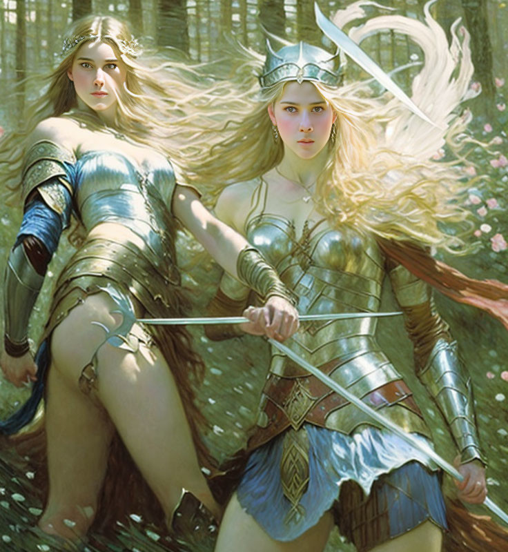 Female warriors in armor with swords in a forest setting