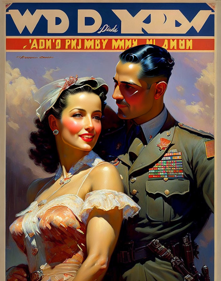 Vintage-style poster featuring a smiling woman and a uniformed man with medals.