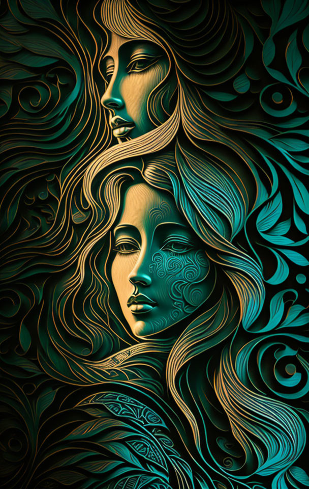 Interwoven feminine faces in teal and black abstract art