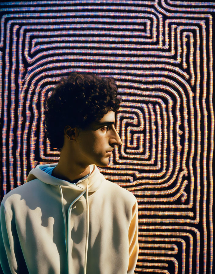 Profile of Person in Hoodie with Neon-Lit Maze Projection