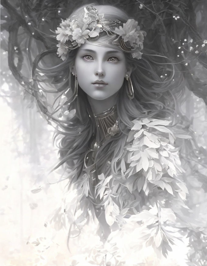 Monochrome portrait of woman with floral headpiece in misty forest.