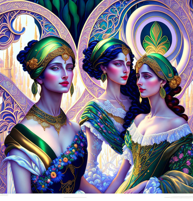 Stylized Renaissance-inspired women in elaborate attire on ornate background