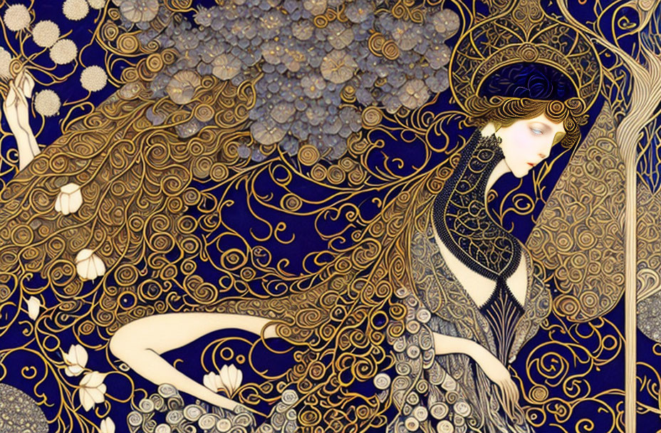 Woman in ornate robes with flowing hair in Art Nouveau style illustration