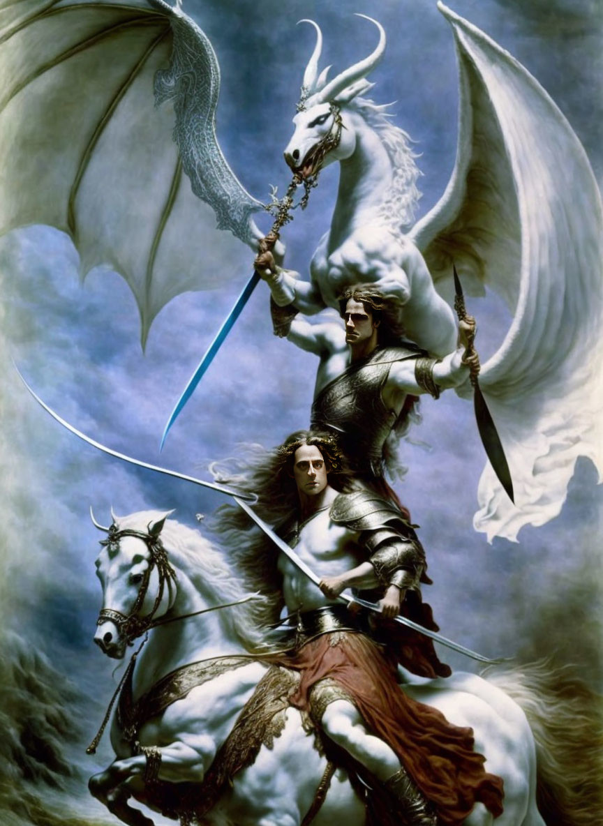 Winged dragon and warrior on horseback with swords in dramatic fantasy scene