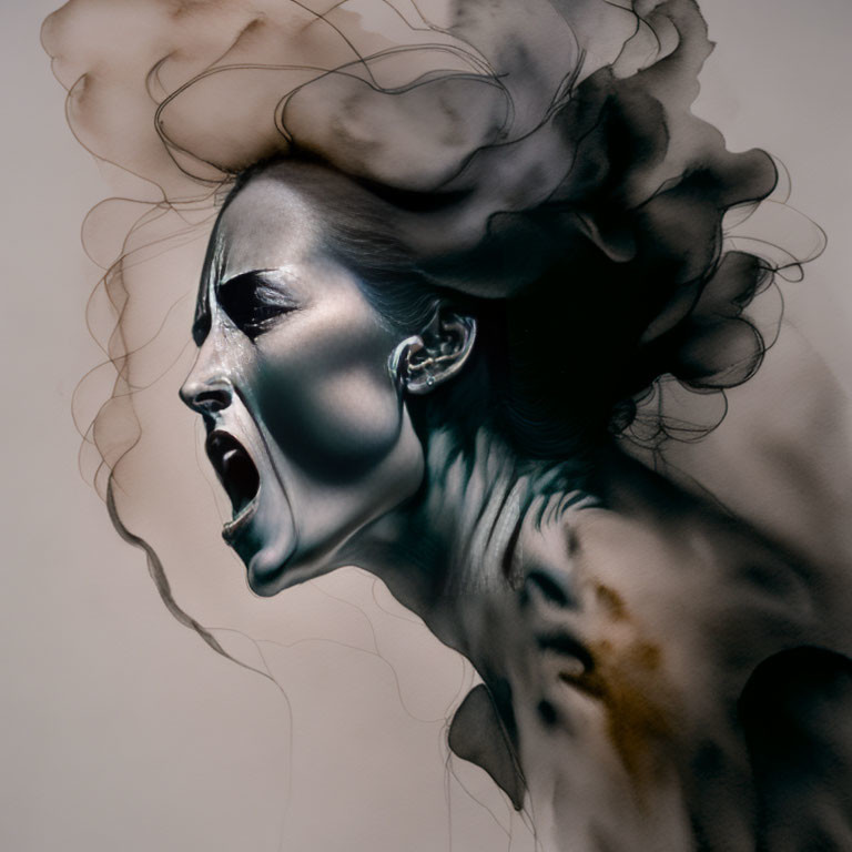 Woman's side profile with screaming expression and ink-like clouds for a dramatic visual effect.