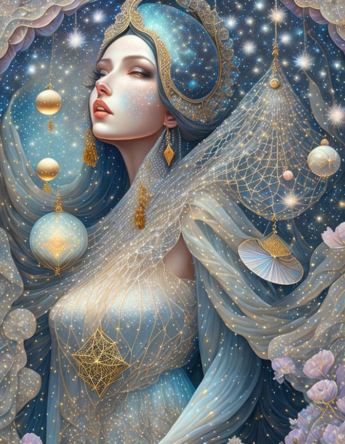 Celestial-themed woman illustration with stars, planets, and flowers in blue and gold attire