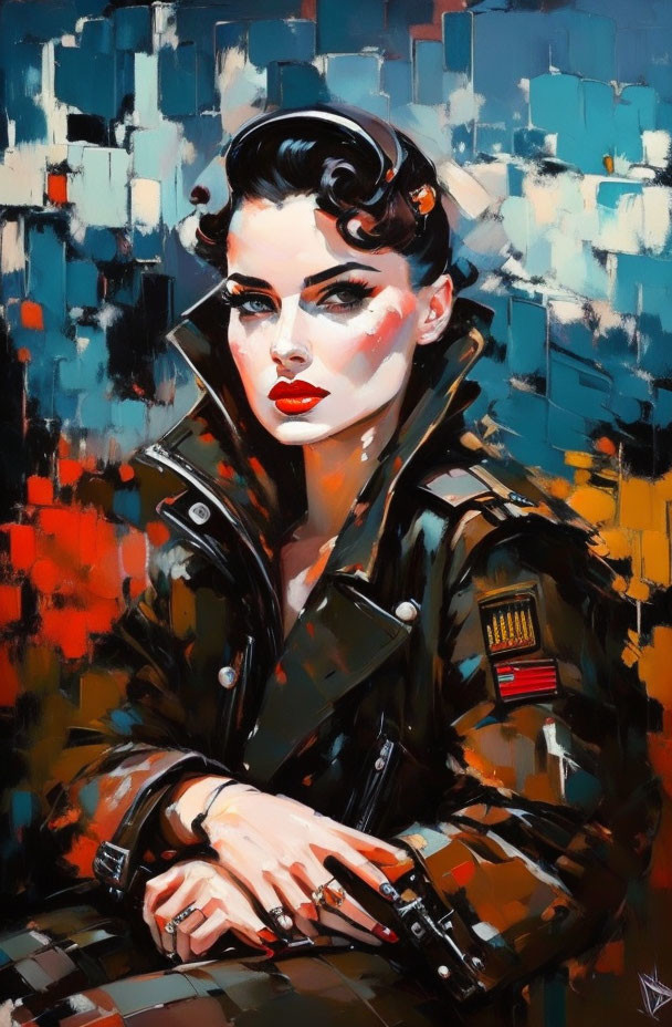 Stylized portrait of a woman in military jacket with red lipstick