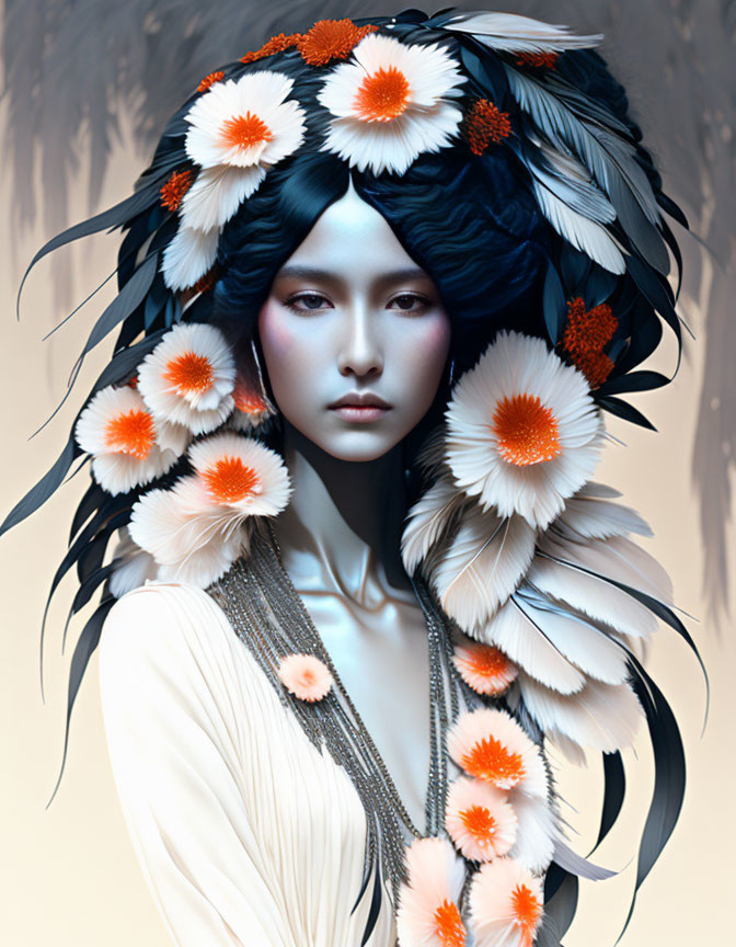 Digital art portrait of female figure with dark hair, white and orange flowers, feather details, and orn