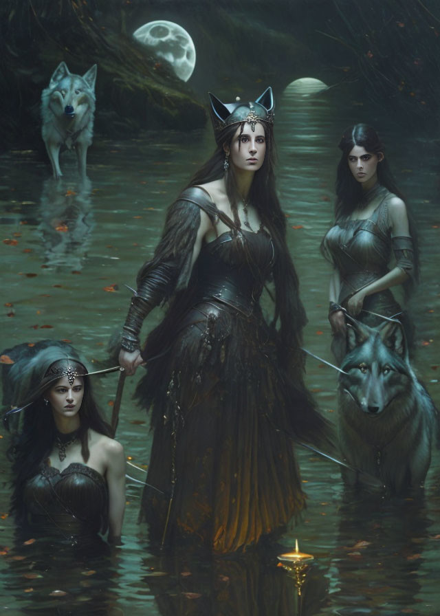 Women in fantasy armor with wolves in moonlit forest swamp