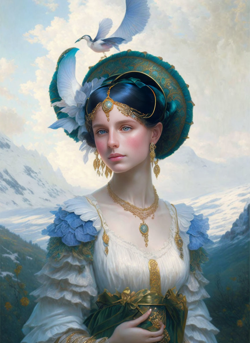 Historical young woman in feathered hat with golden jewelry, mountains backdrop.