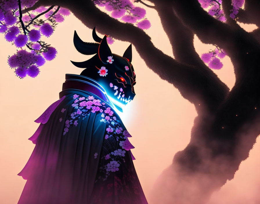 Illustration of figure with demonic mask under purple tree in pink sky