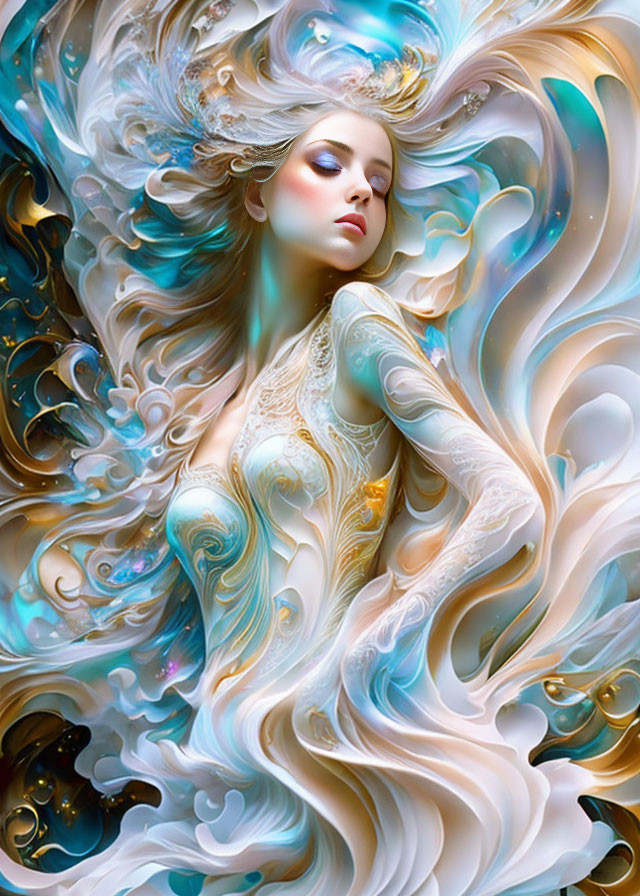 Ethereal woman with delicate features in blue, white, and gold patterns