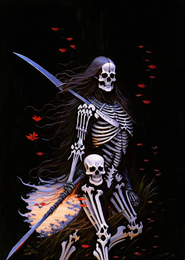 Skeleton in Dark Cloak with Scythe in Red Leaves