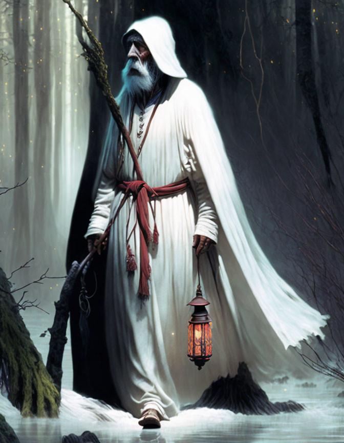 Elderly wizard in mystical forest with staff and lantern