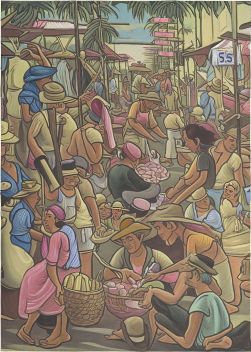 Traditional Market Scene: People Trading Amidst Stalls & Produce