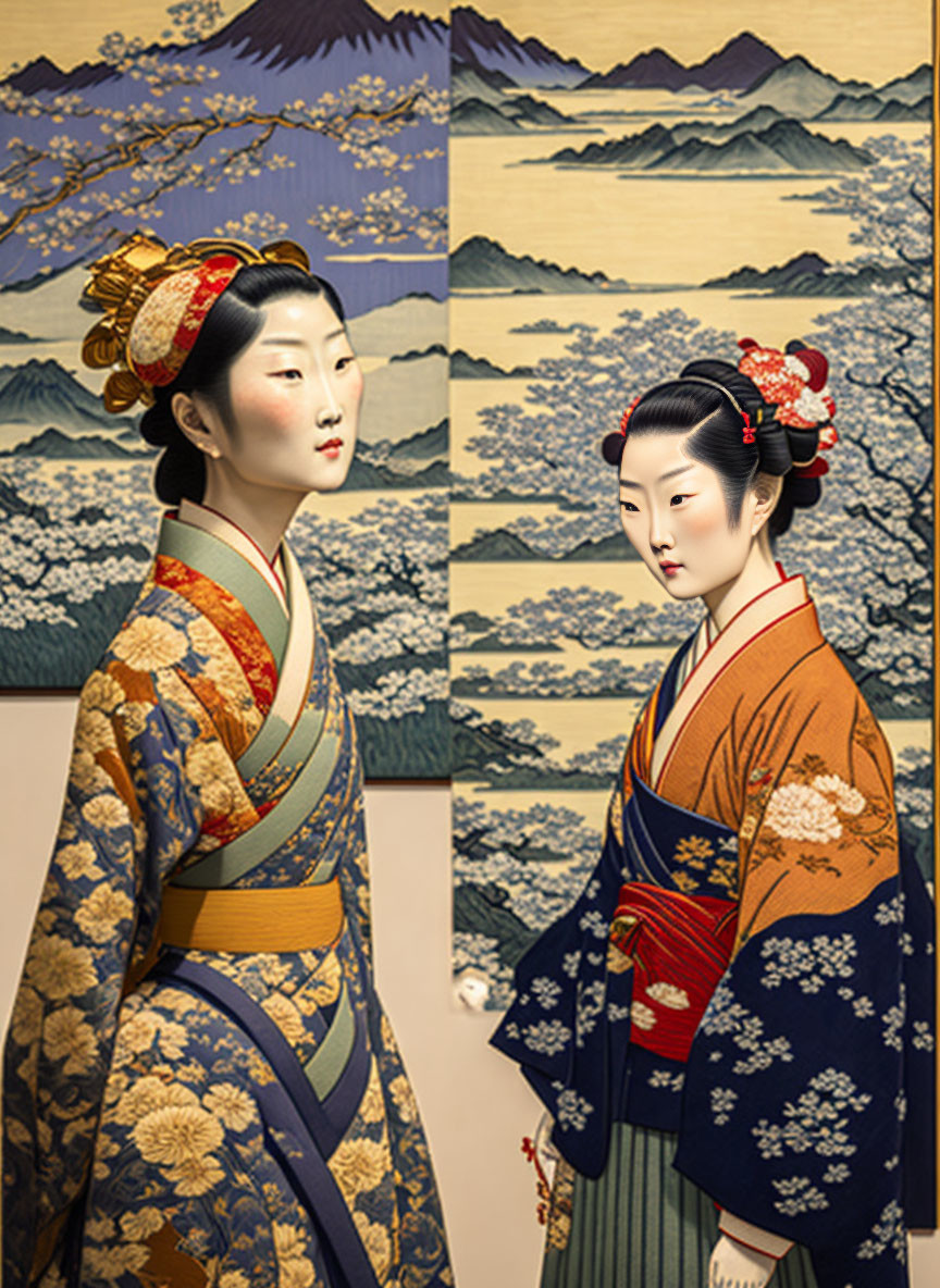 Two Women in Japanese Kimono with Geisha Makeup by Mountainous Backdrop