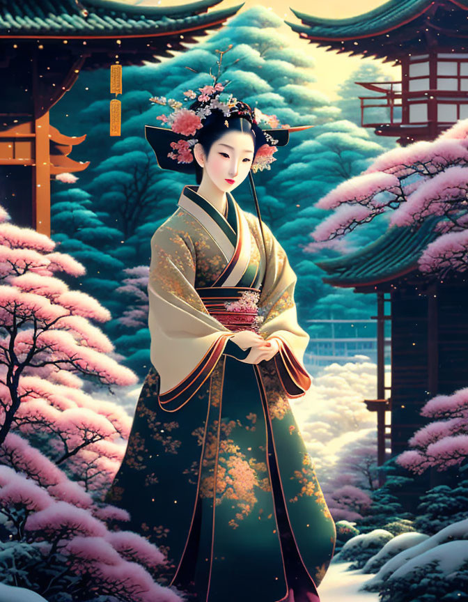 Traditional geisha illustration with cherry blossoms in snowy landscape