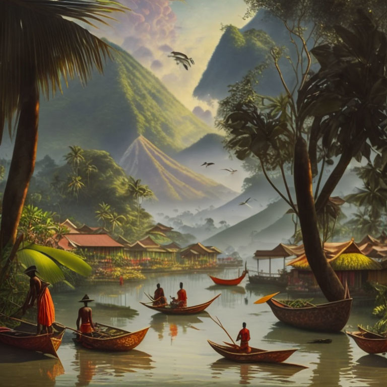 Tranquil river landscape with boats, houses, greenery, and mountains