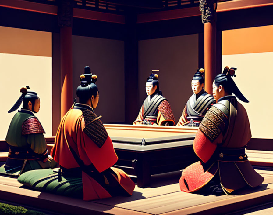 Group in Traditional Japanese Attire at Low Wooden Table