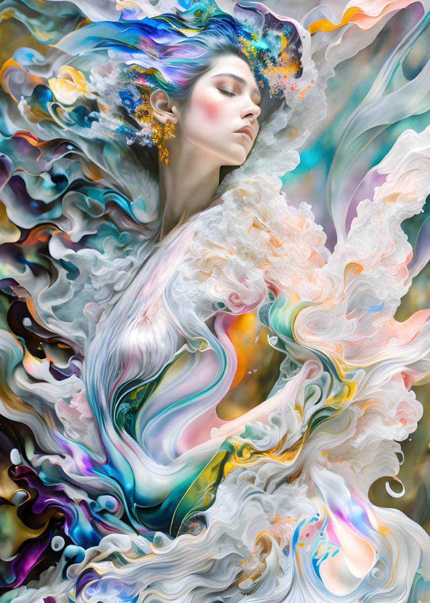 Colorful digital artwork of woman with abstract swirling patterns