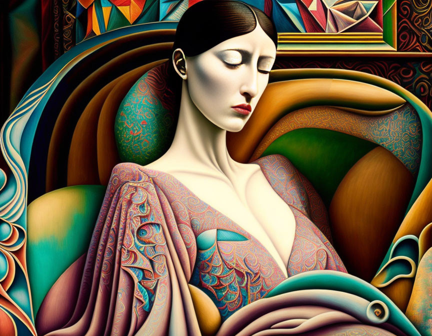 Colorful stylized painting of a woman with closed eyes and intricate patterns