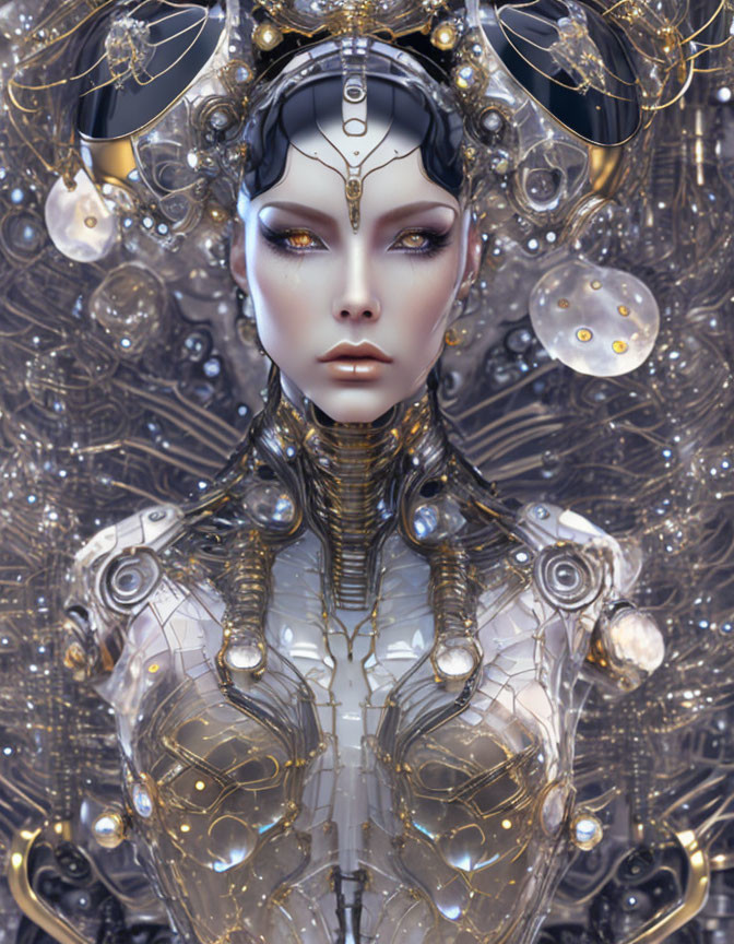 Detailed digital artwork: Futuristic female android with intricate mechanical details, golden ornaments, and complex background