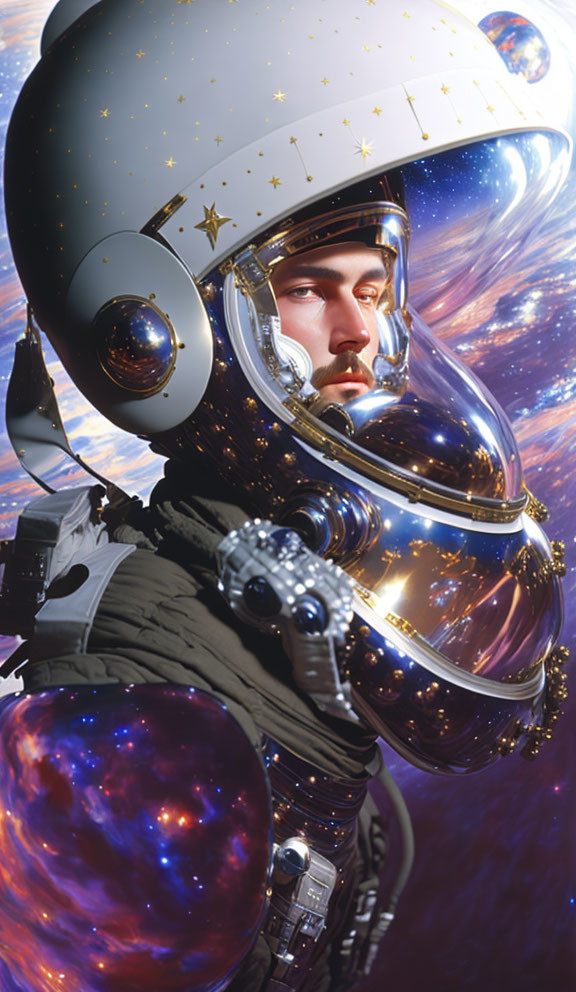 Reflective helmet astronaut in cosmic setting