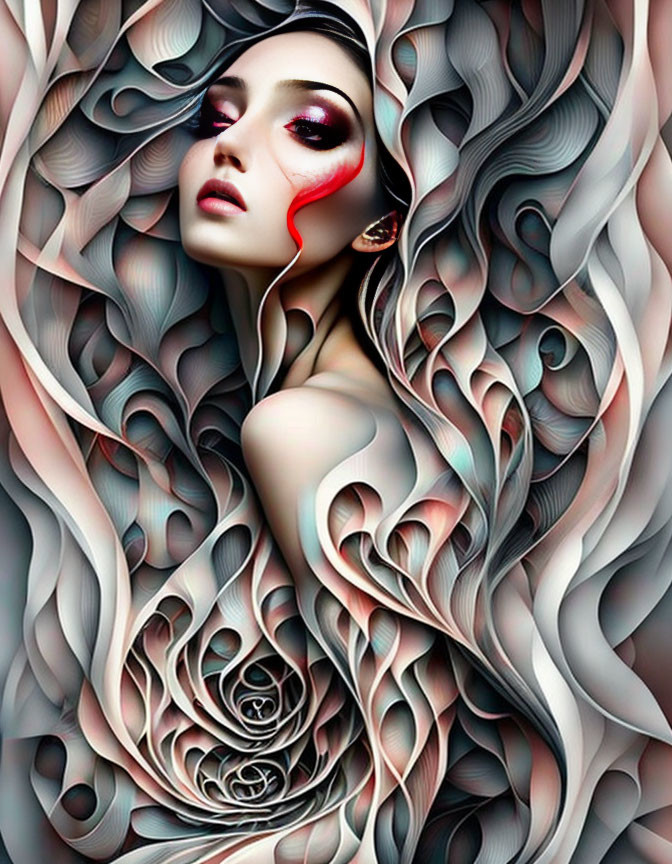 Digital art portrait of woman with flowing wave patterns and red accents, including a rose.