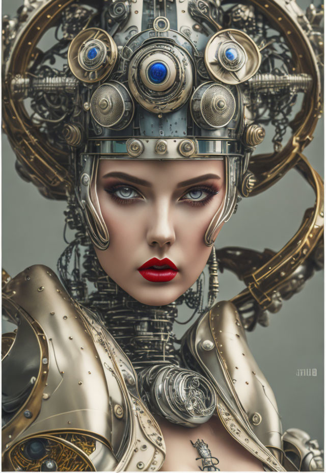 Detailed Steampunk Female Robot Artwork