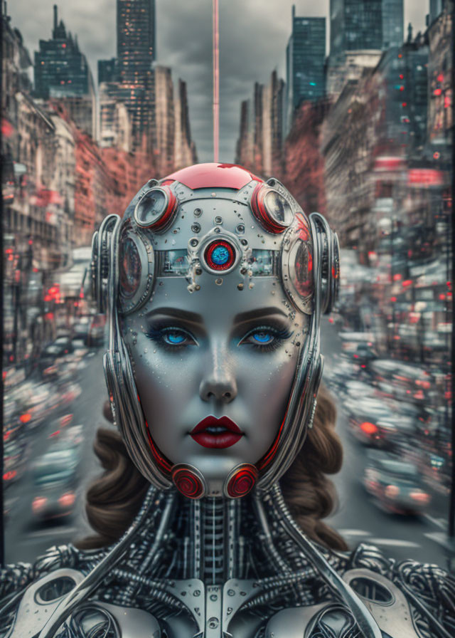 Detailed futuristic female robot against urban backdrop.