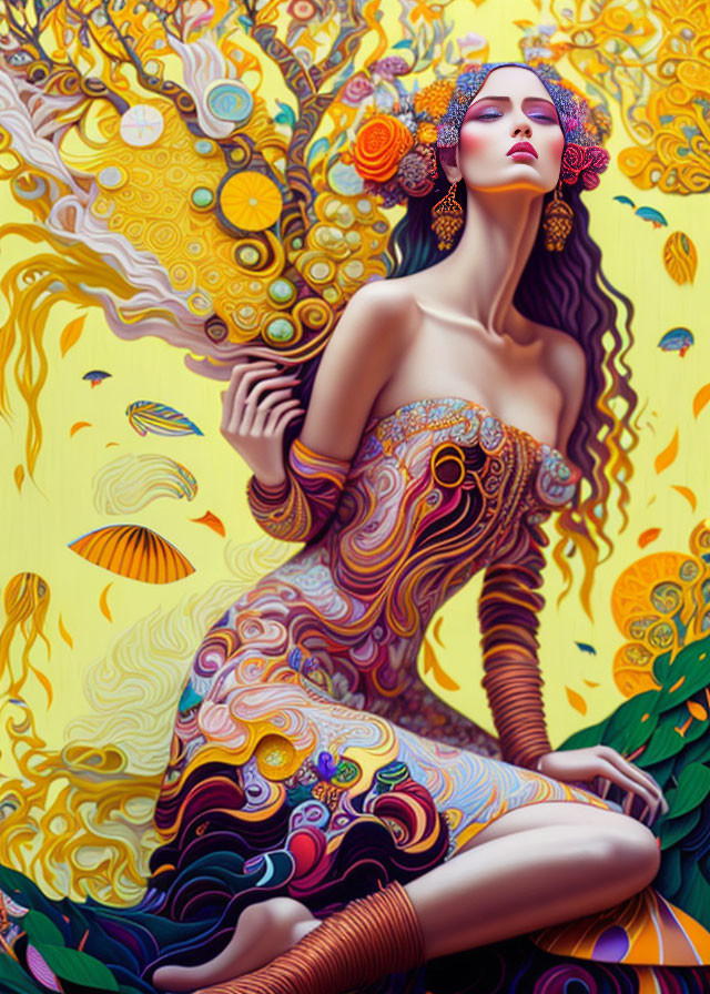 Vibrant surreal portrait of a woman with swirling patterns and floral elements